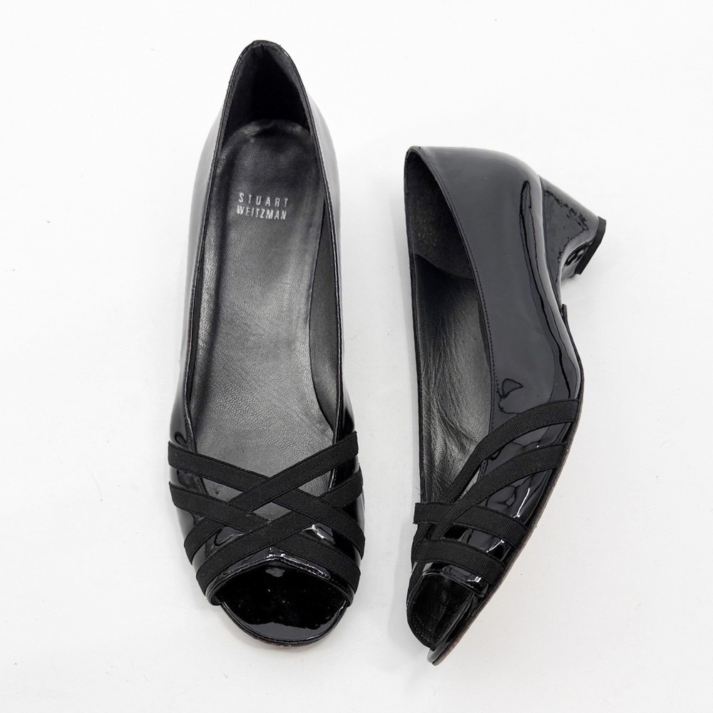 Stuart Weitzman Womens Black Patent Leather Peep Toe Wedge Heels Size 11 M